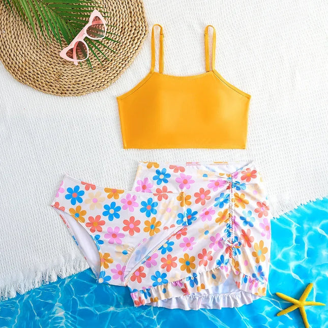 3 peças biquíni floral 2025 meninas maiô de cintura alta crianças banho & saia praia rosa crianças natação maiô
