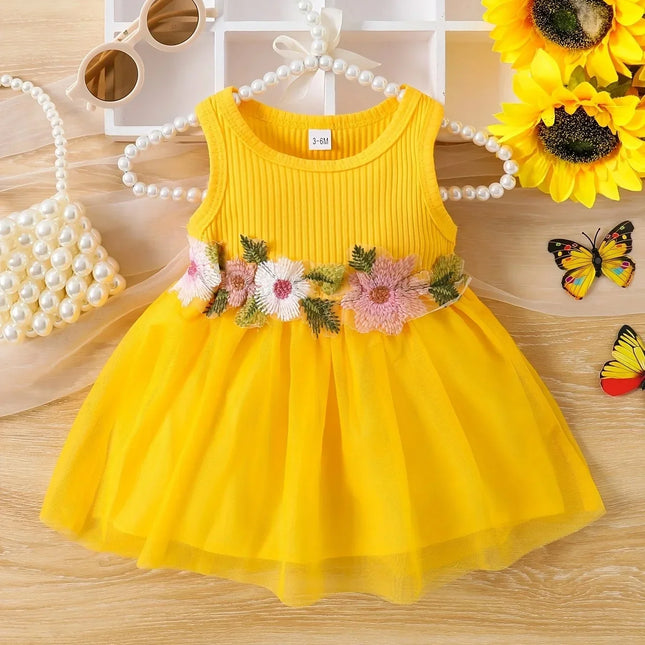 Vestido de cintura sem mangas para bebês, Flower Patchwork, Mesh Sweet, Verão