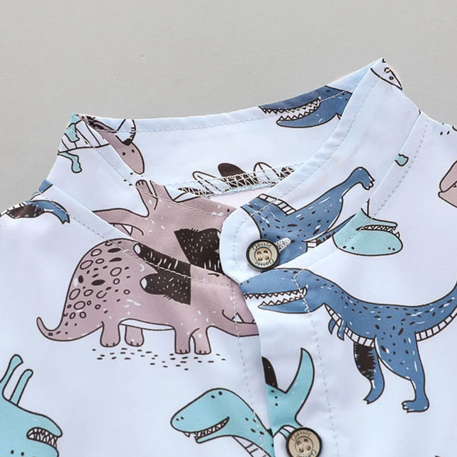 Bebê e criança completa impressão Top manga curta e Shorts conjunto, padrão de dinossauro manchado, camisa de gola alta, verão, 2pcs