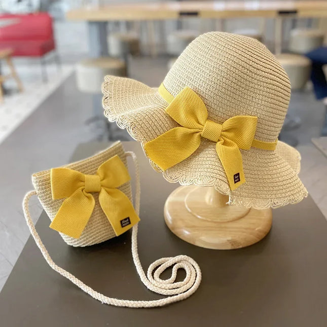 Verão Meninas Praia Chapéus De Sol Lótus Folha Brim Bonito Squinting Olhos Bowknot Outdoor Sun Protection Crianças Cap Palha Crianças
