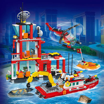 Cidade Anime Bombeiros Blocos, Compatível com Le0 Corpo de Bombeiros Set, Bombeiros, Helicóptero de Fogo, Navio de Bombeiros, Barco de Resgate