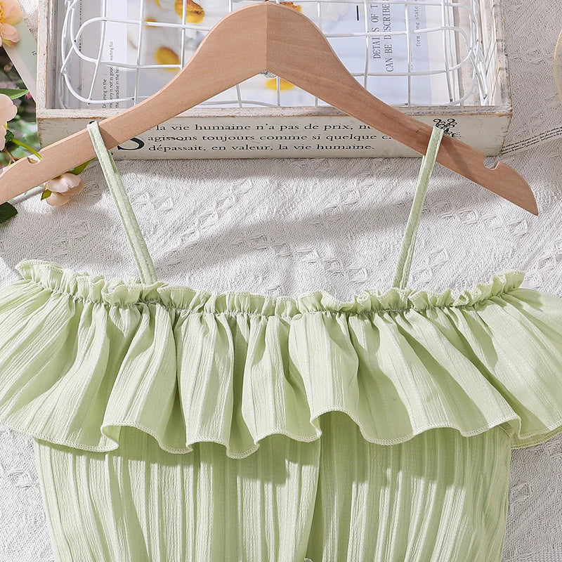 Vestido halter verde infantil, cinto amovível, estilo adorável, festa de aniversário, roupa diária para meninas de verão, 8 a 12 anos