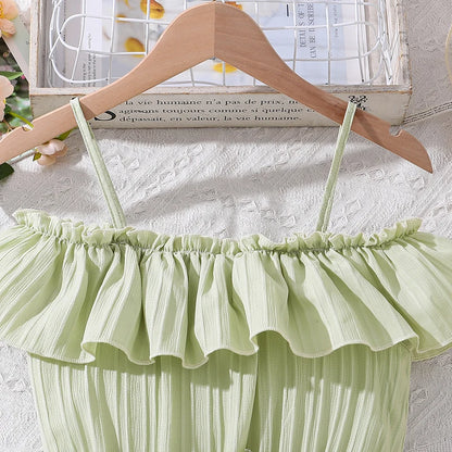 Vestido halter verde infantil, cinto amovível, estilo adorável, festa de aniversário, roupa diária para meninas de verão, 8 a 12 anos