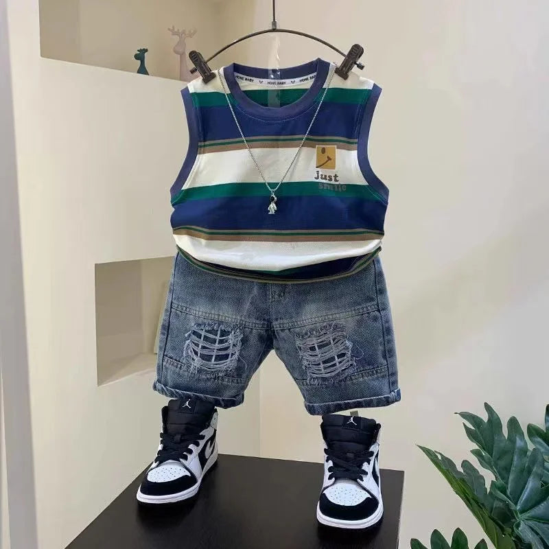 Baby Boys listrado em torno do pescoço pulôver, camisa sem mangas e shorts jeans, roupas Boutique de verão, terno esporte, algodão, 2pcs