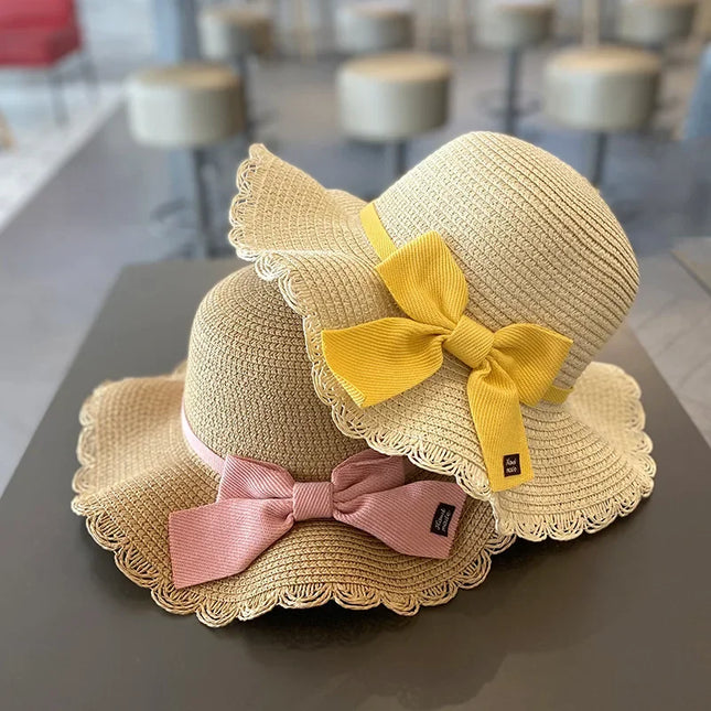 Verão Meninas Praia Chapéus De Sol Lótus Folha Brim Bonito Squinting Olhos Bowknot Outdoor Sun Protection Crianças Cap Palha Crianças