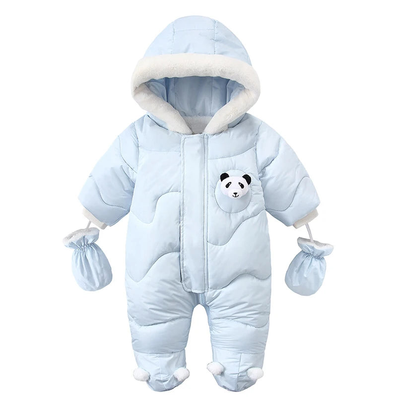 Macacão de bebê recém-nascido com capuz com luvas, macacão algodão mais veludo, roupas panda quentes, roupas infantis, menina e menino, 0-18m, inverno