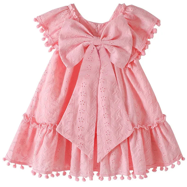 Vestido de manga pequena para criança, saia de bebê, fantasia de menina, algodão puro, borla, grande arco, festa de aniversário, 0-4 anos