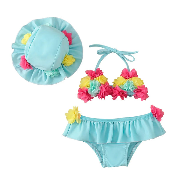 Maiô de 3 partes para a menina, projeto da flor, halter pescoço top + plissado shorts + swim caps, roupas de praia, verão