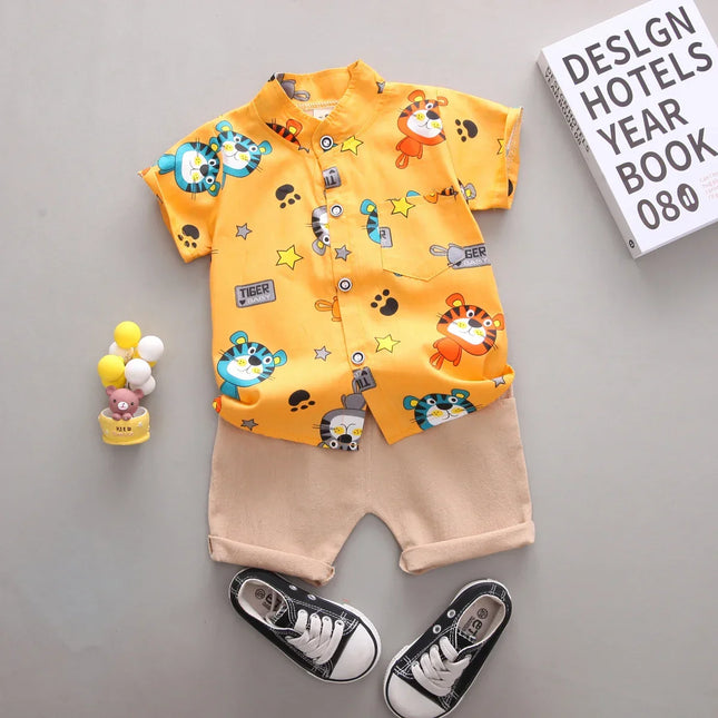 Cartoon Tiger Animal Random Print Shirt e Shorts Set, Infantil Criança Moda Verão, 2pcs