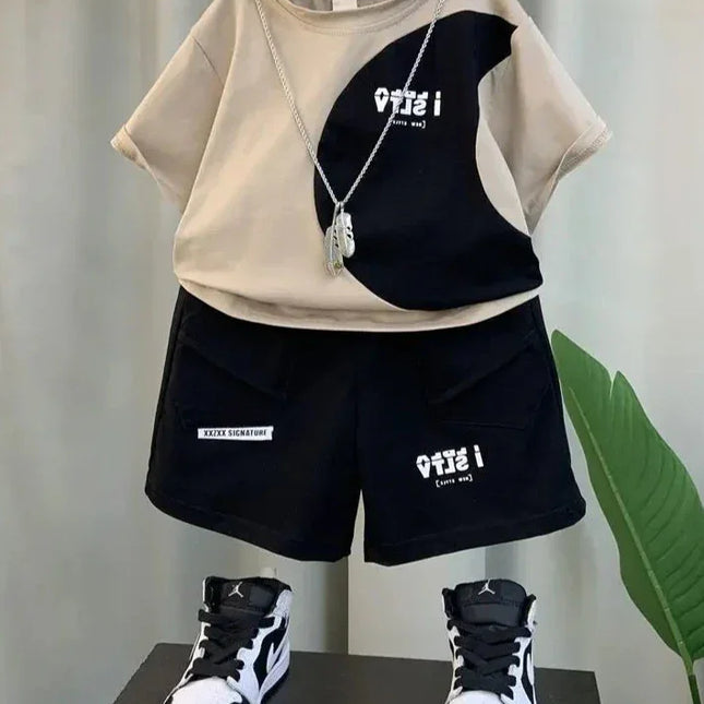 Conjunto de roupas infantis, manga curta, camiseta e shorts, impressão de letras, casual, bebê, meninos, coreano, novo, conjunto de 2 peças, verão