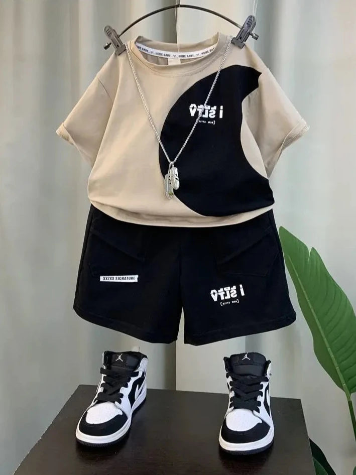 Conjunto de roupas infantis, manga curta, camiseta e shorts, impressão de letras, casual, bebê, meninos, coreano, novo, conjunto de 2 peças, verão