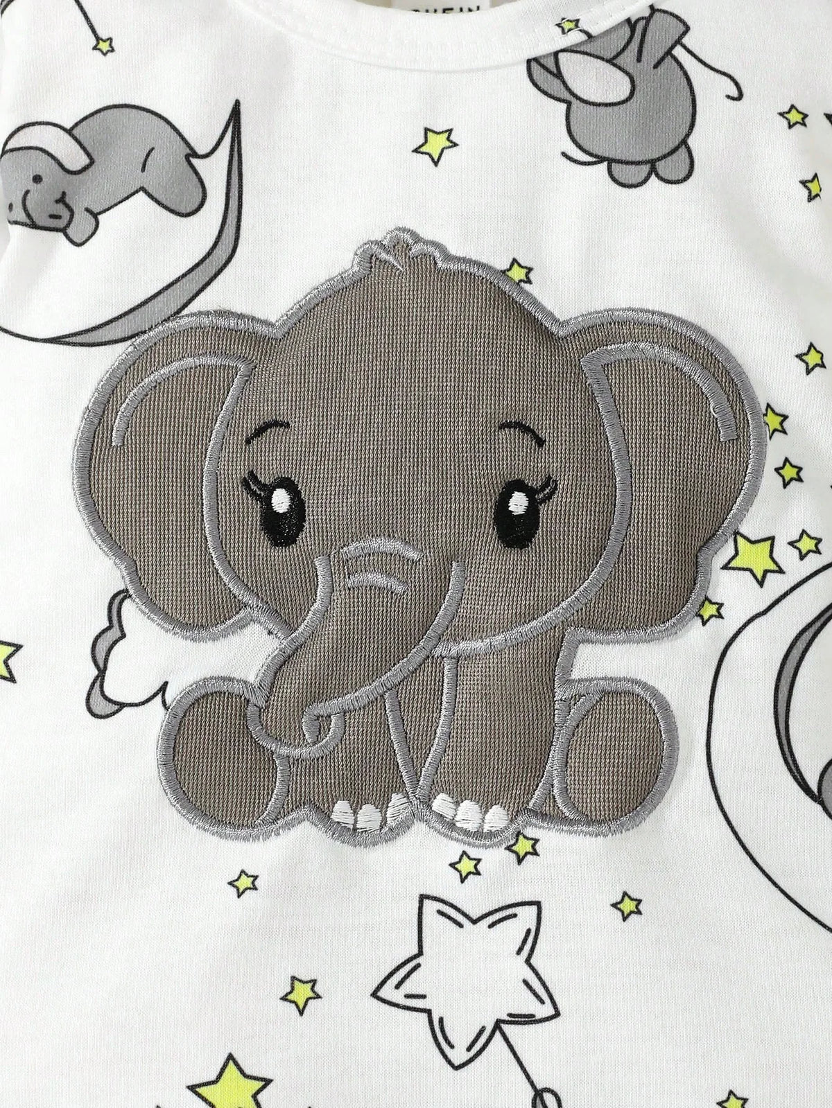 Manga comprida do bebê macacão com chapéu, elefante padrão, bordado, desenhos animados, bonito, 2pcs