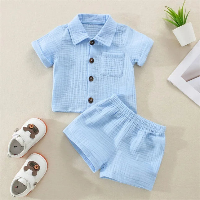 Roupas casuais de linho algodão para crianças, manga curta, botão de bolso, shorts e camisa de lapela, roupas de verão para meninos, 2 peças