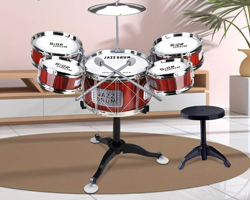 Conjunto de bateria de brinquedo musical para crianças, Instrumentos musicais com fezes, 2 tambores, prato e 5 tambores, crianças