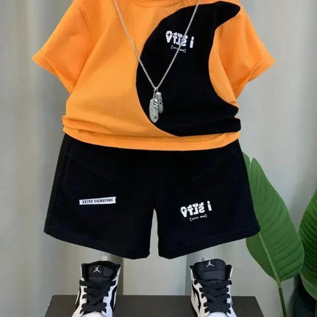 Conjunto de roupas infantis, manga curta, camiseta e shorts, impressão de letras, casual, bebê, meninos, coreano, novo, conjunto de 2 peças, verão