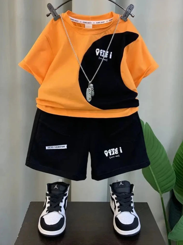 Conjunto de roupas infantis, manga curta, camiseta e shorts, impressão de letras, casual, bebê, meninos, coreano, novo, conjunto de 2 peças, verão