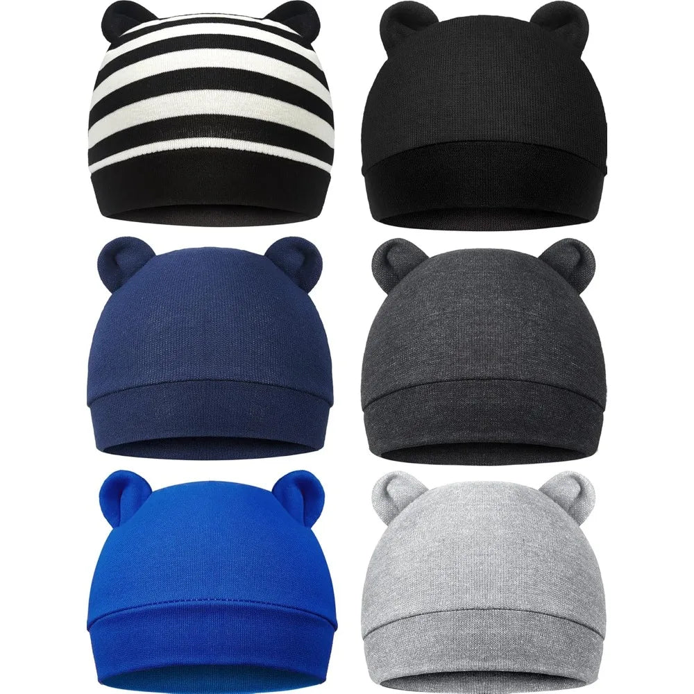 Recém-nascidos Urso Orelhas Gorros Chapéu, Adequado para o desgaste diário, Baby Toddler, 0-3 meses Masculino e Feminino, 6pcs por conjunto