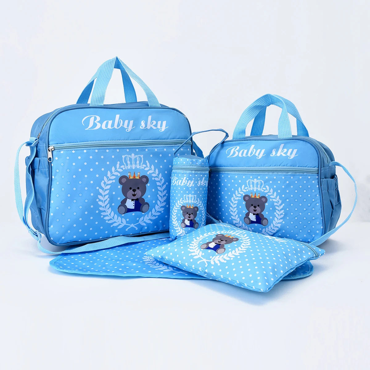 Multifuncional Mommy Bag com grande capacidade, um ombro, crossbody, materno bebê fralda saco, impressão ursos, moda, 5 pcs