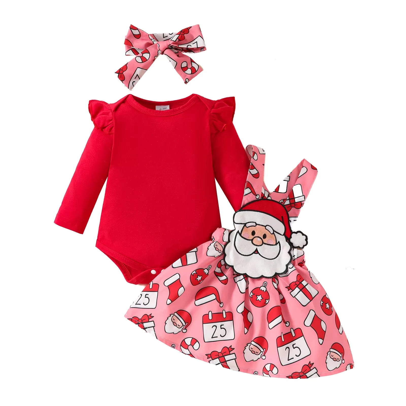 Conjunto de roupas para bebês meninas de 0 a 3 anos, manga longa, laço grande, saia irregular e boina, 3 peças, roupas de natal para crianças pequenas