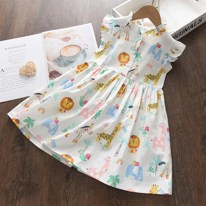 Líder urso Cartoon Print Baby Girls Princess Dress Nova Moda Verão Floral Toddler Kid Party Clothes Crianças Vestido