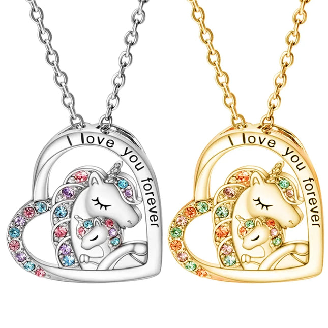 Colar Pingente Forma do Coração para Mulheres, Colar Charme para Mãe e Filho, Presente Perfeito para Meninas, Unicórnio Bonito, Abraço, Moda
