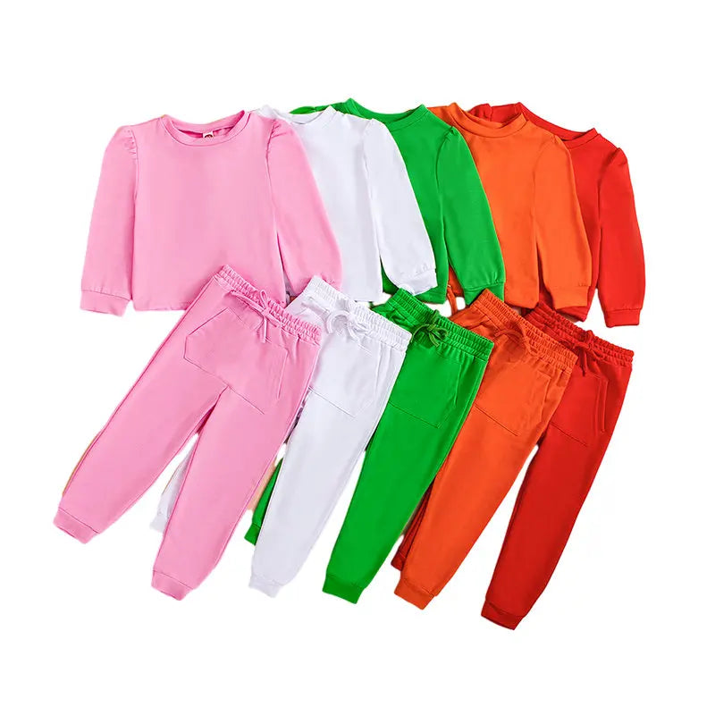 Conjunto de capuz e calças de cor sólida feminina, manga comprida, ar livre ativo, 1-8 anos, outono, branco, verde claro, rosa, crianças, 2 peças