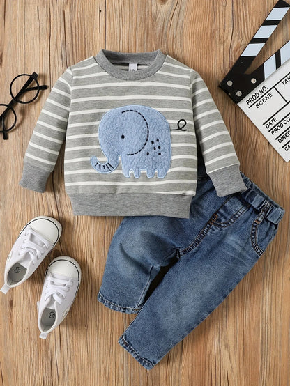 Conjunto de listras de elefantes para meninos e meninas, casual bonito estampado jeans, 0-24 meses, novo, primavera, outono