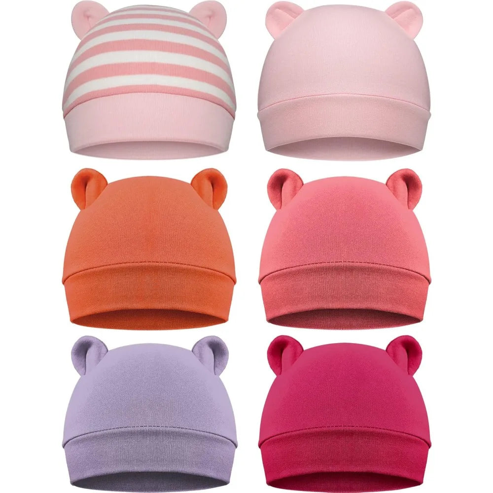 Recém-nascidos Urso Orelhas Gorros Chapéu, Adequado para o desgaste diário, Baby Toddler, 0-3 meses Masculino e Feminino, 6pcs por conjunto