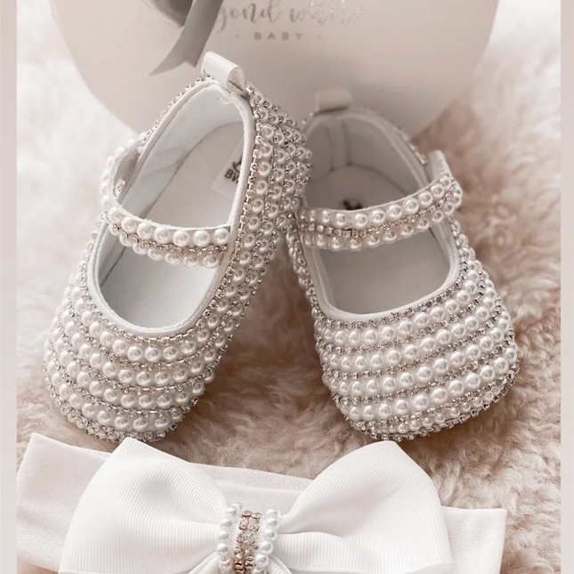 Dollbling Handmade Pérolas Brancas Berço Sapatos, Bling Rhinestone, Roupa de batismo, Wedding Sparkle, Organza, Batismo, 0-3m