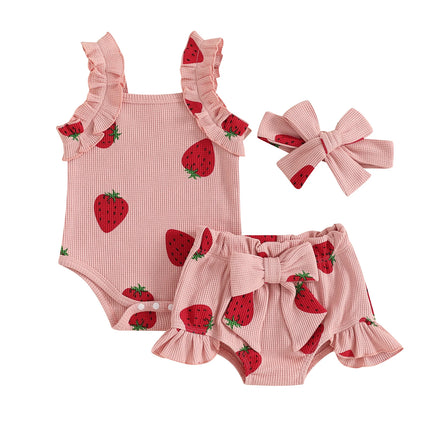 Macaquinho com Laço/Moranguinho + Shorts com Babado + Faixa 🍓