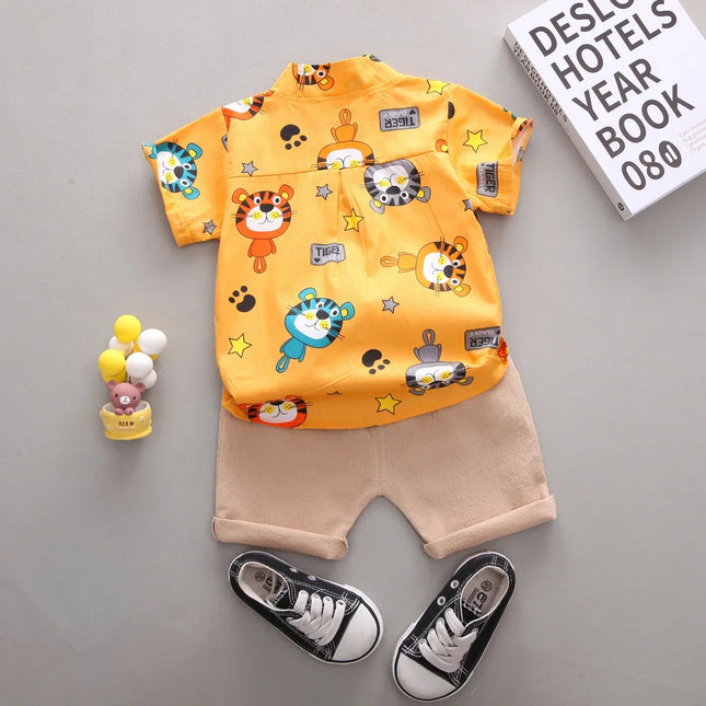 Cartoon Tiger Animal Random Print Shirt e Shorts Set, Infantil Criança Moda Verão, 2pcs