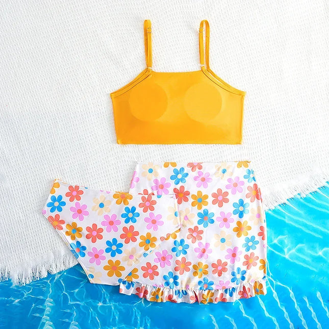 3 peças biquíni floral 2025 meninas maiô de cintura alta crianças banho & saia praia rosa crianças natação maiô