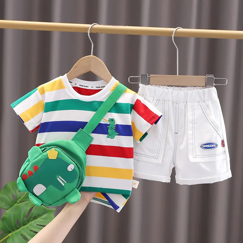 Verão bonito dos desenhos animados dinossauro moda crianças o-pescoço camiseta + shorts saco da criança do bebê meninos meninas roupas conjunto novas crianças agasalhos