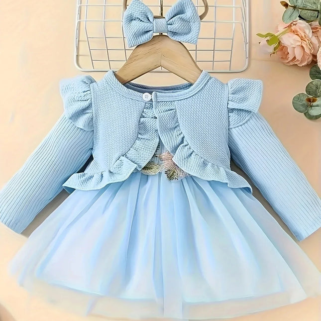 Verão da menina do bebê Cintura Flor Regata, Vestido de malha, Casaco Mesma Cor, Mesma Cor, Acessórios para Cabelo, Doce Conjunto