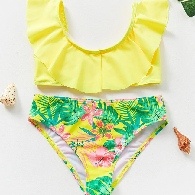 Maiô de duas peças, design floral, amarelo, babado, biquíni, para meninas