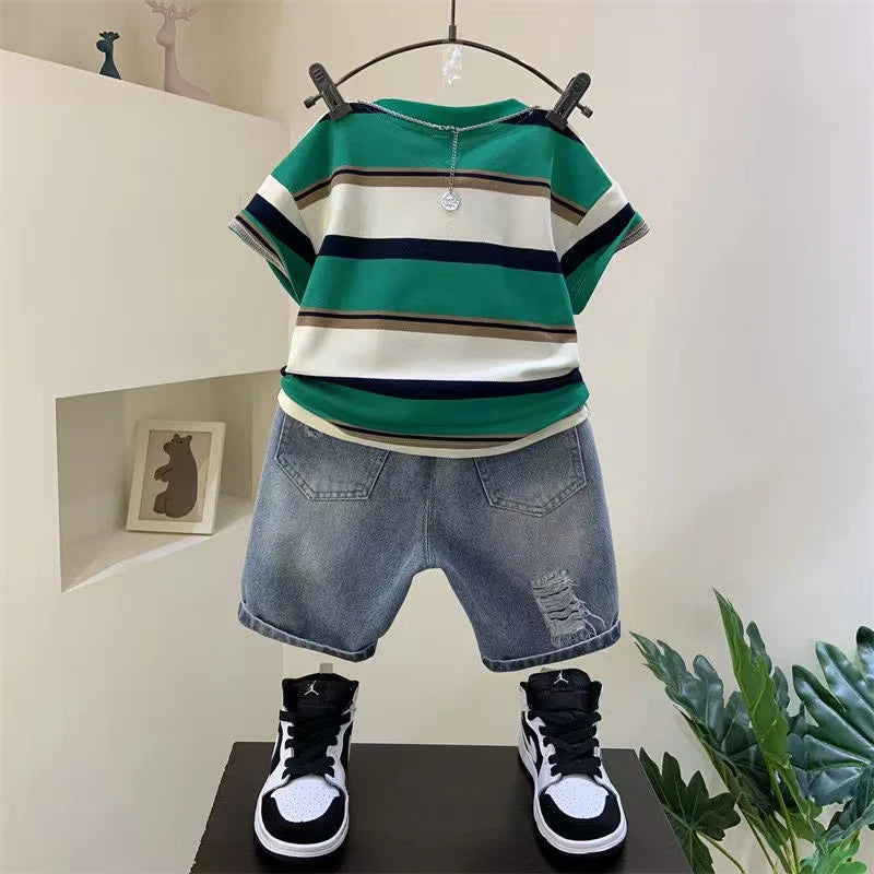 Meninos Verão 2023 New Boutique Design Outfits Algodão Set Baby Boys Camisa de Manga Curta Jeans Shorts 2pcs Vestuário Crianças 6 7 8Y