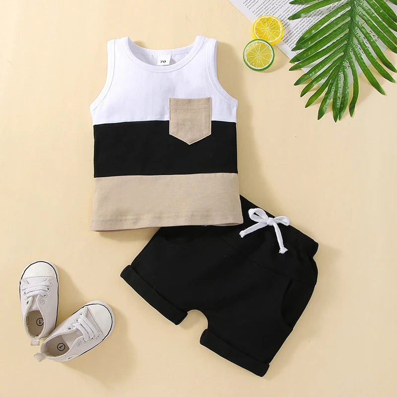 Infant Baby Boys Patchwork Colete sem mangas Tops com bolsos e shorts, roupas de verão para criança, 6-36M, 2 peças