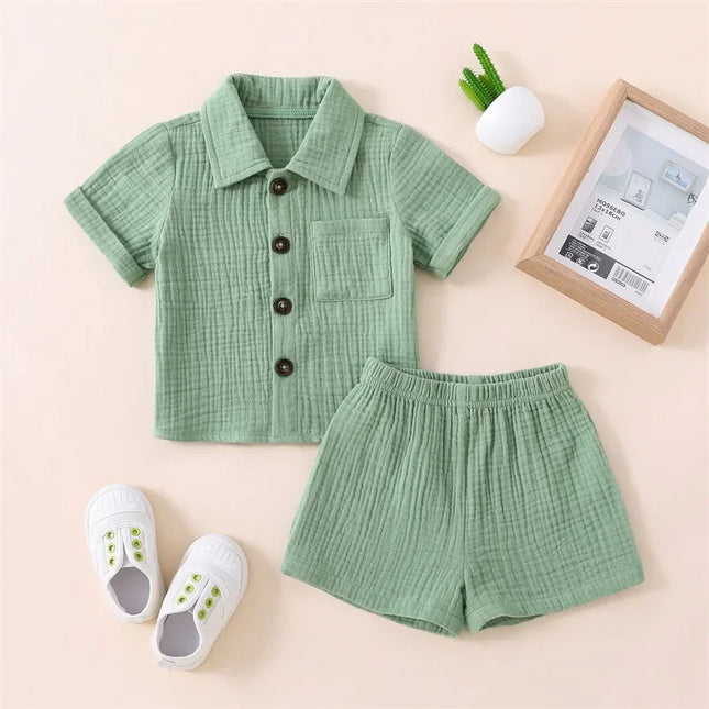 Roupas casuais de linho algodão para crianças, manga curta, botão de bolso, shorts e camisa de lapela, roupas de verão para meninos, 2 peças