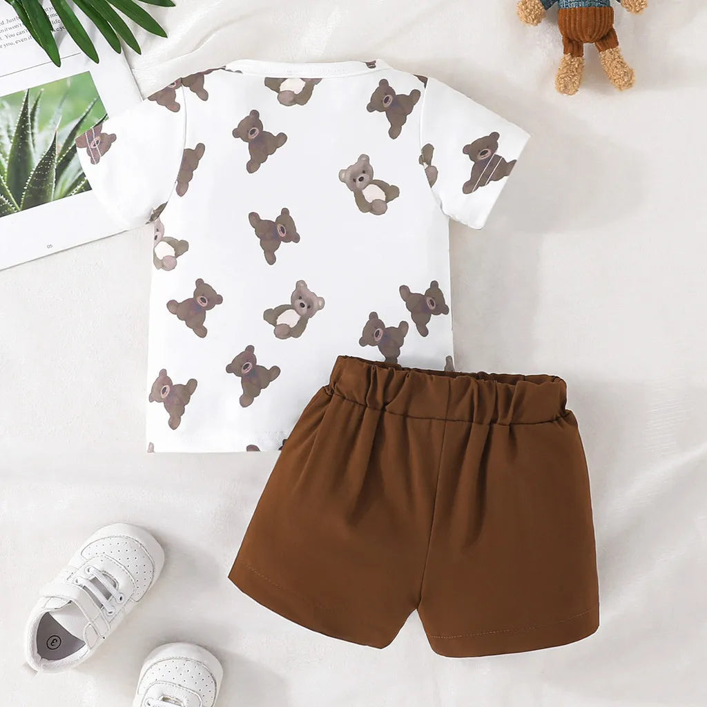 Urso bonito camiseta de manga curta e shorts, Terno para garoto menino e menina, 6 meses a 4 anos, verão