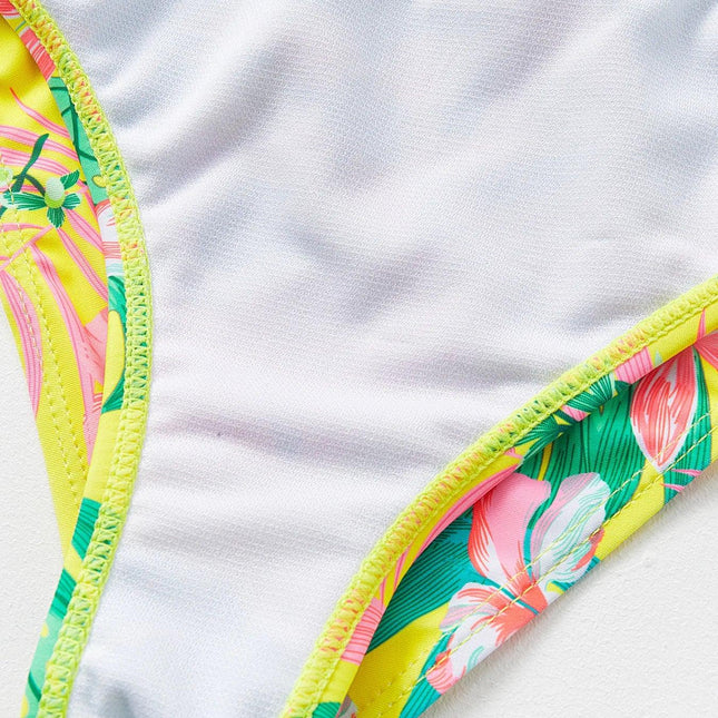 Maiô de duas peças, design floral, amarelo, babado, biquíni, para meninas