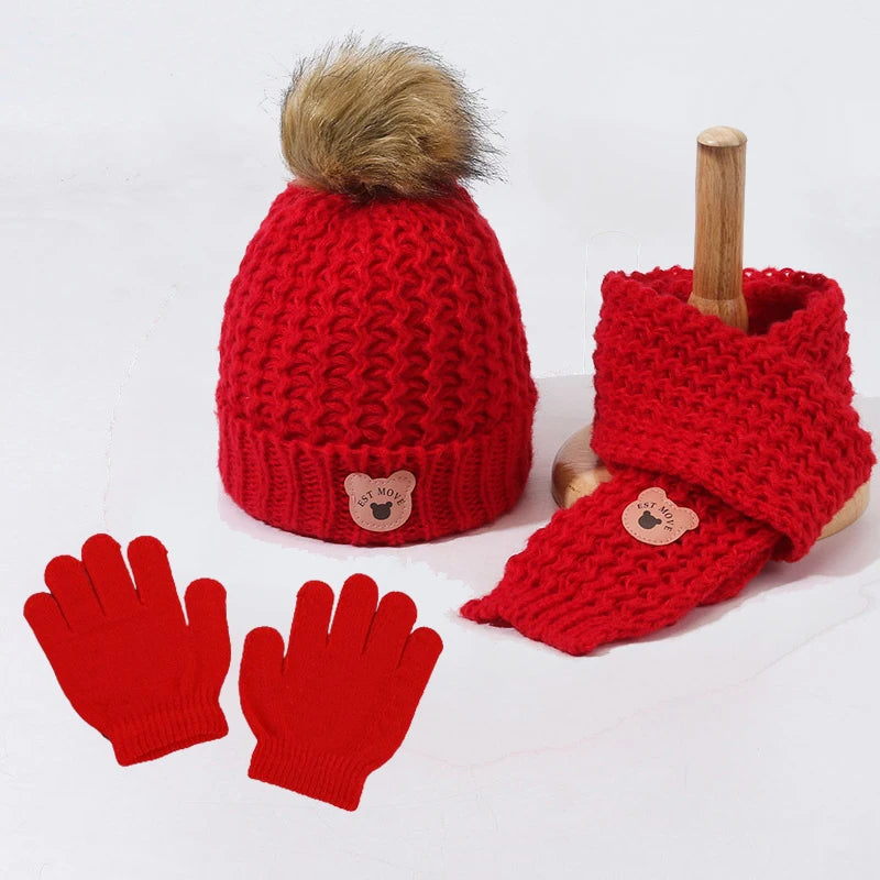 Kids Hat Scarf and Snow Gloves Set, Malha, Quente, Macio, Ao ar livre, Meninos, Meninas, Crianças, Inverno, 3pcs