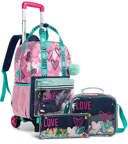 Mochila escolar com rodas para crianças, Rolling Bag with Wheels, Trolley Satchel para meninas