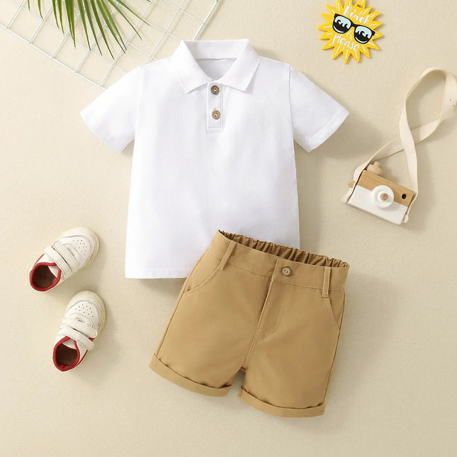 Camisa polo infantil de manga curta, camisa de algodão com shorts, roupa de verão para menino, botão de pescoço, 2 peças
