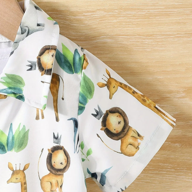 Baby Boy Casual Pequeno Animal Print Shorts de manga curta, Holiday Travel Shirt Set, confortável e respirável, verão, 2 pcs