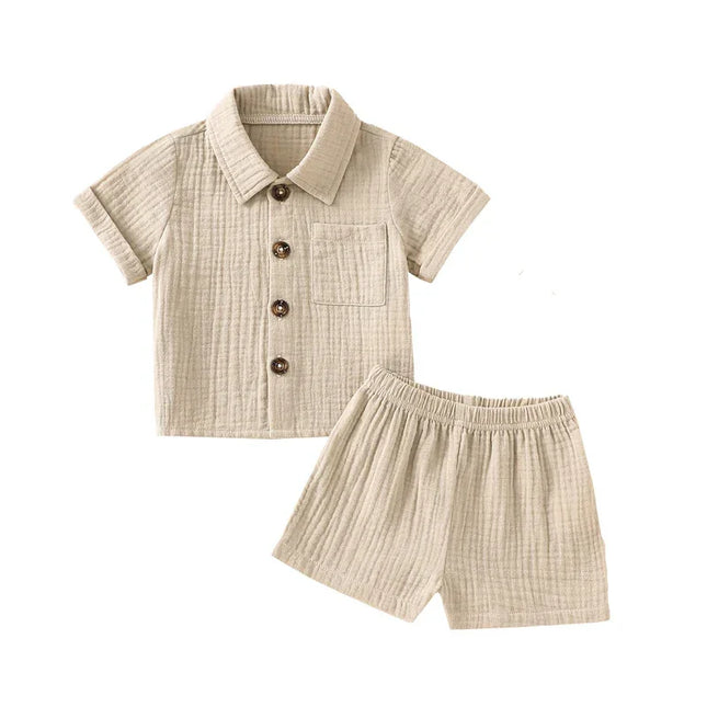 Roupas casuais de linho algodão para crianças, manga curta, botão de bolso, shorts e camisa de lapela, roupas de verão para meninos, 2 peças