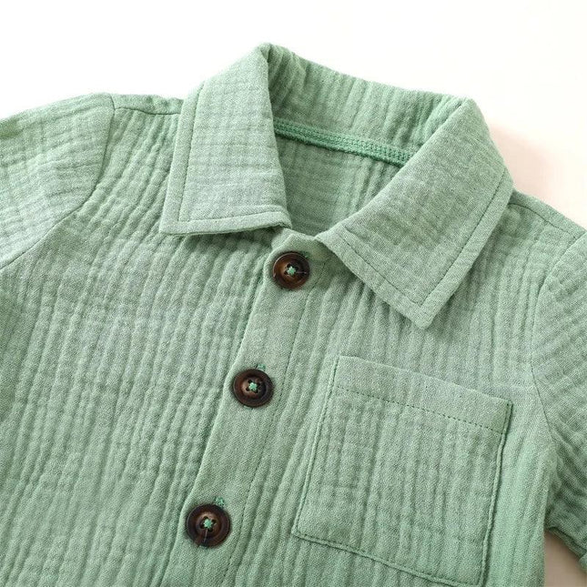 Roupas casuais de linho algodão para crianças, manga curta, botão de bolso, shorts e camisa de lapela, roupas de verão para meninos, 2 peças
