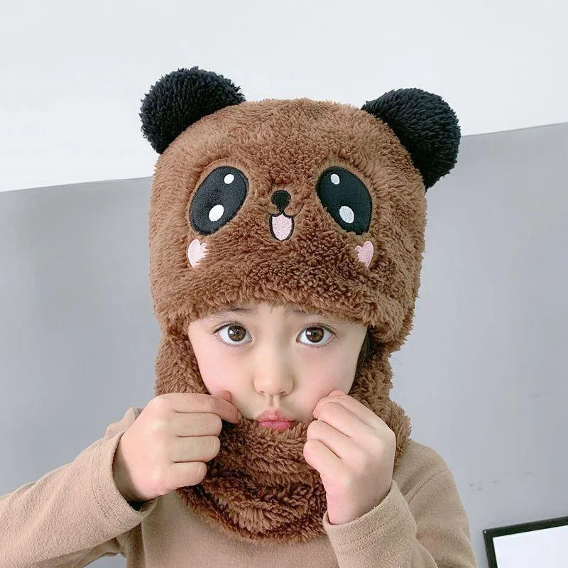 Chapéu do lenço do panda dos desenhos animados de pelúcia infantil, boné Balaclava Windproof, velo de cordeiro, gorro encapuzado, luxuoso, exterior, Esqui, Meninos, Meninas, Crianças, Inverno