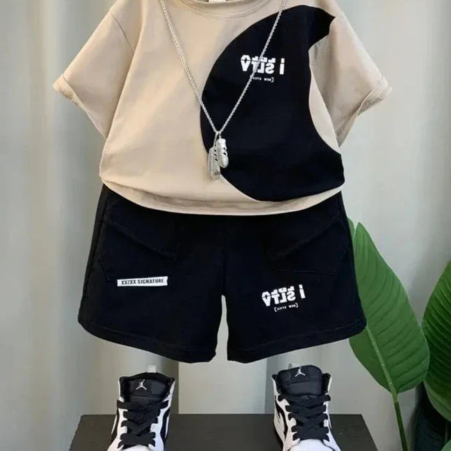 Conjunto de roupas infantis, manga curta, camiseta e shorts, impressão de letras, casual, bebê, meninos, coreano, novo, conjunto de 2 peças, verão
