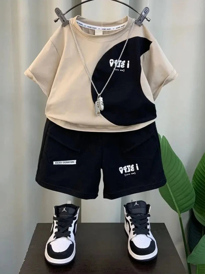 Conjunto de roupas infantis, manga curta, camiseta e shorts, impressão de letras, casual, bebê, meninos, coreano, novo, conjunto de 2 peças, verão