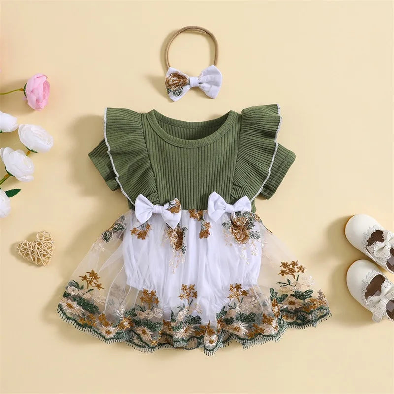 Vestido de Romper Infantil Bebê Recém-nascido, Bordado De Flores, Malha Rib Ruffles, Macacão Gola Tripulação, Bodysuit Verão, Arco Headband